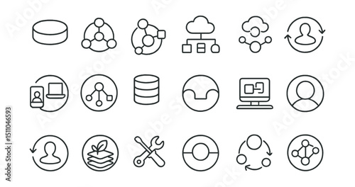 Line style icons of round digital ecosystems: round platform icon, round app integration, round API connection, round cloud sync, round user system, round cross-device, round ecosystem node, round