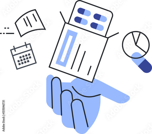 Hand holding medicine pills capsules healthcare pharmacy medication treatment prescription drugs disease vector art illustration