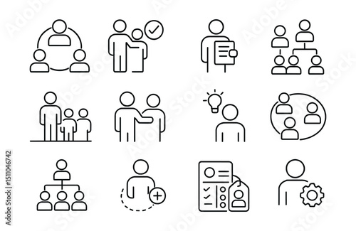 Line style icons of roles and responsibilities: team roles, role assignment, task owner, accountability chart, project lead, support role, decision maker, stakeholder map, team structure, role