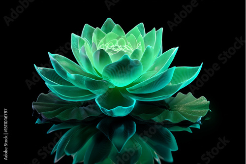 Glowing turquoise lotus flower with reflection on a black background in a studio setting