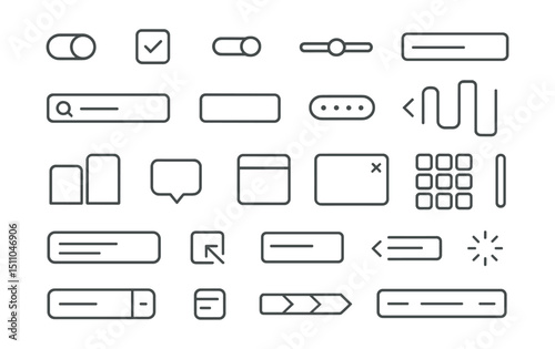 Line style icons of user interface elements: toggle switch, checkbox, radio button, slider bar, dropdown menu, search field, text input, password field, pagination, scroll bar, tab bar, tooltip,