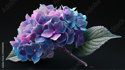 Close up of a hydrangea flower with purple and blue petals against a black background artful design