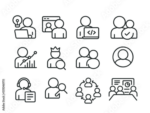 Line style icons of cross-functional teams: product manager, UX designer, developer icon, QA tester, data analyst, product owner, scrum master, stakeholder icon, support rep, researcher icon,