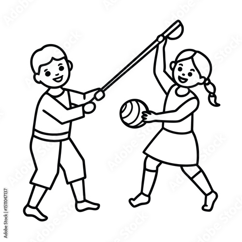 Happy children playing ball with a long stick