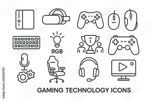 Line style icons of gaming technology: gaming console, VR headset, gaming controller, gaming mouse, mechanical keyboard, RGB lighting, eSports icon, gamepad icon, streaming mic, gaming chair, headset