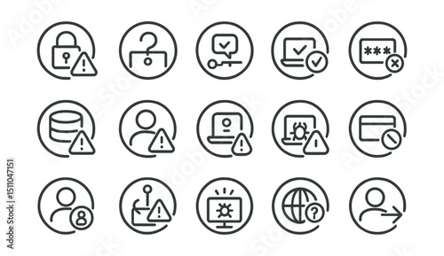 Line style icons of round security alerts: round lock warning, round suspicious login, round 2FA request, round password change, round data breach, round identity icon, round unverified login, round