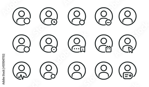 Line style icons of round user activity: round online status, round last seen, round active now, round do not disturb, round away icon, round idle badge, round typing icon, round joined date, round