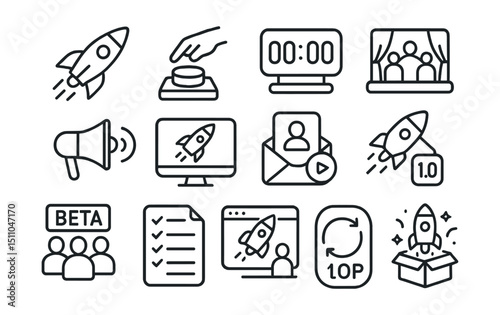 Line style icons of product launch: rocket icon, launch button, countdown timer, release event, teaser campaign, landing page, early access, pre-launch email, beta users, launch checklist, go live