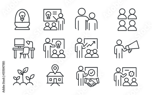 Line style icons of incubator and accelerator: startup incubator, demo day, mentorship icon, cohort icon, workspace icon, founder sessions, growth mentor, pitch practice, startup batch, startup hub,