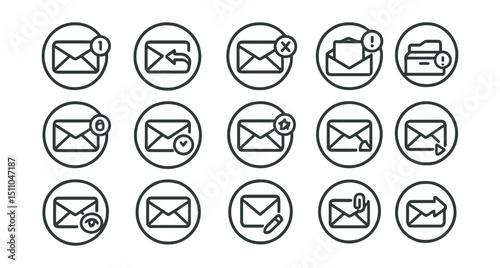 Line style icons of round email and inbox alerts: round new email icon, round reply alert, round send fail, round inbox full, round promo ping, round subscription update, round starred alert, round