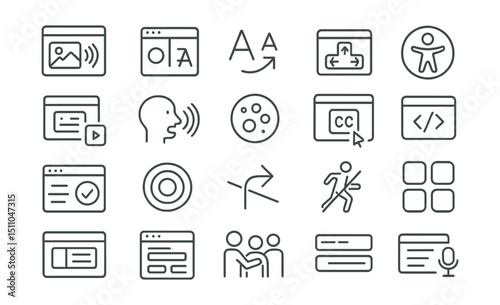 Line style icons of accessibility in UI: screen reader, high contrast, text resize, keyboard nav, accessible icon, alt text, voice commands, color blind mode, subtitles, aria label, UI accessibility,