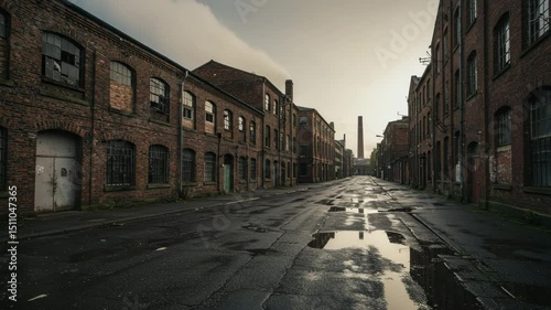 Abandoned street with brick buildings and puddles during twilight  
