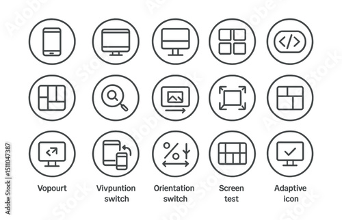 Line style icons of round responsive design: round mobile view, round tablet view, round desktop view, round responsive grid, round breakpoint icon, round flexible layout, round media query, round