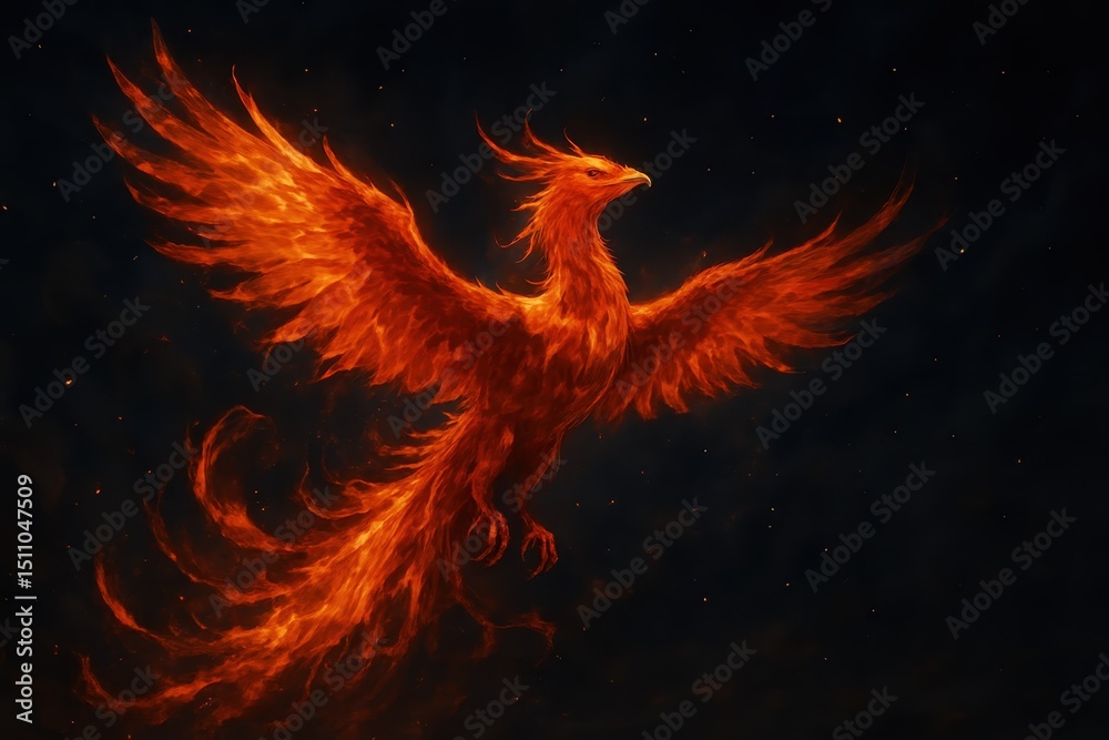 Mythical phoenix bird with fiery plumage soaring majestically through a dark sky leaving a trail of embers and smoke a symbol of rebirth. Mythical phoenix bird with fiery plumage soaring majestically through a dark sky leaving a trail of embers and smoke a symbol of rebirth.
