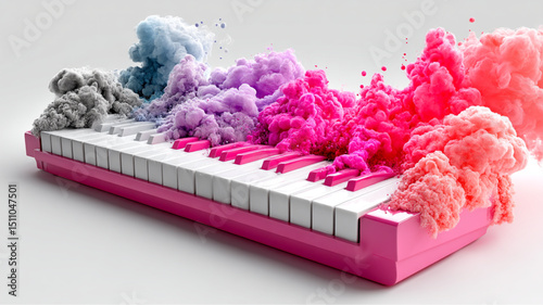 A pink piano with colorful smoke coming out of the keys in a white background studio shot art