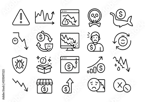 Line style icons of crypto risks and volatility: risk warning, volatility chart, rug pull alert, scam token, liquidity risk, price dip, pump and dump, market crash, panic sell, whale move, security