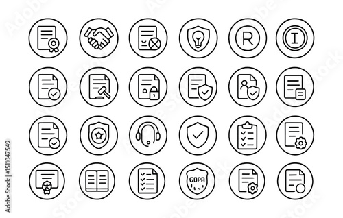 Line style icons of round startup legal and admin: round business registration, round founder agreement, round NDA icon, round IP badge, round trademark icon, round equity document, round legal doc,