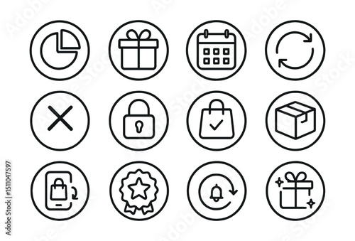 Line style icons of round subscription shopping: round plan icon, round subscription box, round billing cycle, round renew icon, round cancel anytime, round exclusive access, round monthly item,