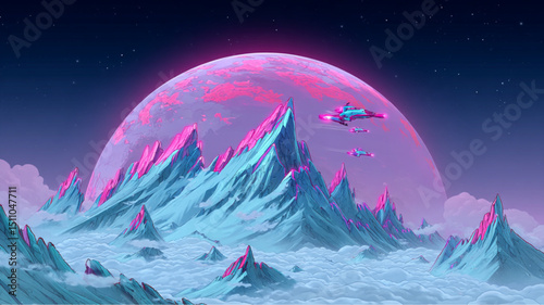 A futuristic landscape with pink moon, blue mountains, clouds and spaceships in the night sky