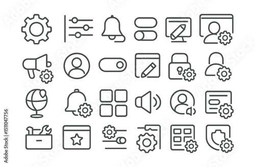 Line style icons of settings and personalization: settings gear, preferences icon, notification toggle, theme icon, user control, campaign settings, personal options, toggle switches, UI