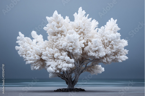 A lone tree with a large white cloud like crown on a sandy beach under a gray sky near the ocean view