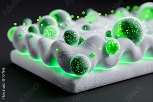 Abstract image showing white textured surface with green spheres and glowing light effects around it