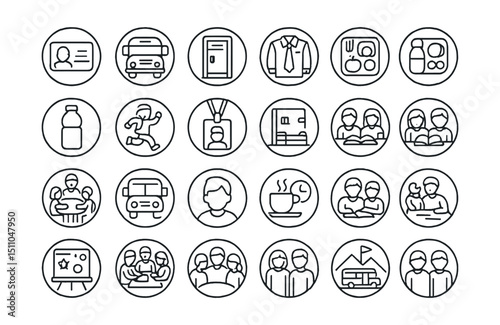 Line style icons of round student life: round student ID, round school bus, round locker icon, round school uniform, round lunch tray, round water bottle, round recess icon, round student badge,