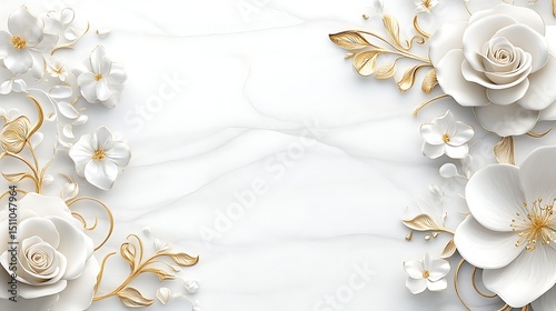 Elegant white flowers with gold accents on marble background