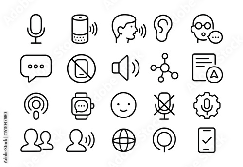 Line style icons of voice assistant control: microphone icon, smart assistant, voice command, listen mode, wake word, voice feedback, talk bubble, hands-free icon, speaker icon, voice integration,