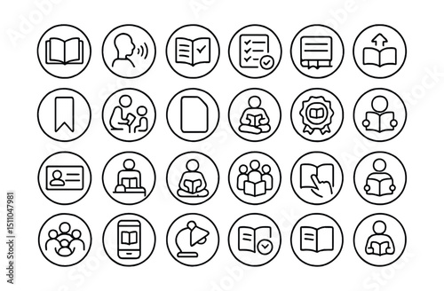 Line style icons of round reading and literacy: round open book, round read aloud, round reading level, round book list, round reading goal, round bookmark icon, round storytime icon, round fiction