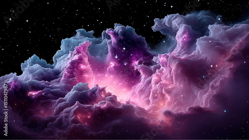 A vibrant nebula with swirling clouds of pink purple and blue against a backdrop of stars and space