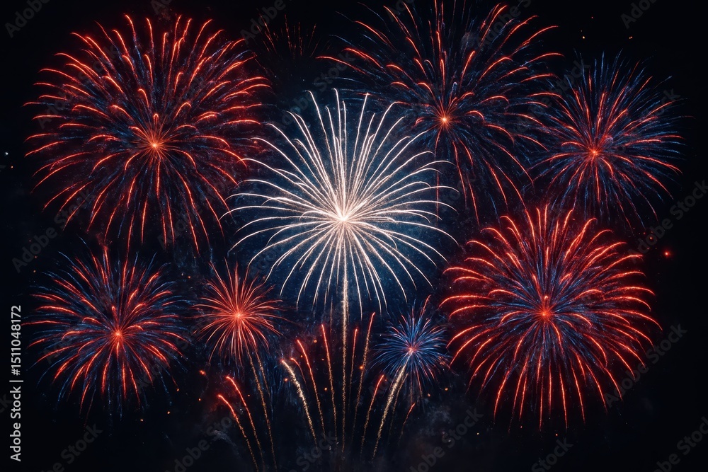 Fototapeta premium Spectacular red white and blue fireworks exploding in a starburst pattern against a dark night sky celebrating the 4th of July Independence Day.
