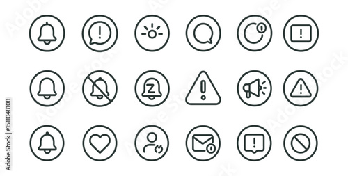Line style icons of round notifications and alerts: round bell icon, round alert bubble, round ping icon, round badge notification, round popup alert, round message ping, round silence icon, round