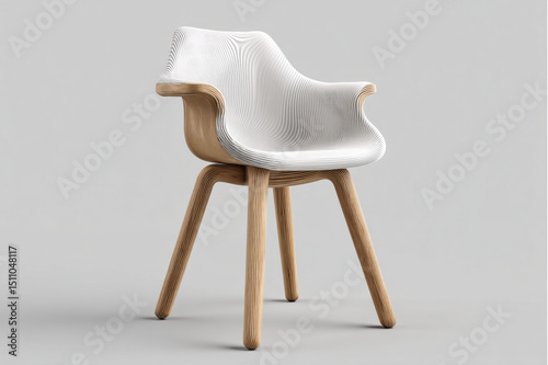 A modern chair with white seat and wooden legs on a gray background in a studio setting design style