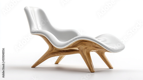 A modern white lounge chair with wooden base isolated on a white background in a studio setting