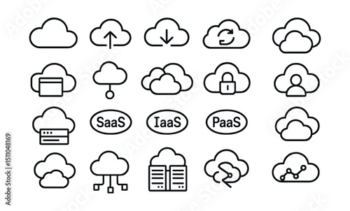 Line style icons of cloud computing: cloud icon, cloud upload, cloud download, cloud sync, cloud storage, cloud network, hybrid cloud, multi-cloud, private cloud, public cloud, cloud dashboard, SaaS