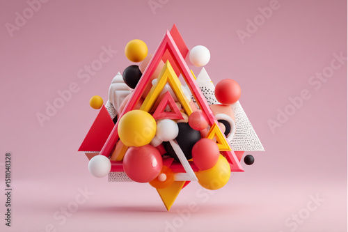 Abstract composition of triangles and spheres in red yellow black and white on a pink background