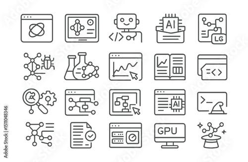 Line style icons of AI development tools: Jupyter notebook, model training app, coding assistant, AI toolkit, ML library, debug neural net, experiment tracker, training log, code sandbox, algorithm