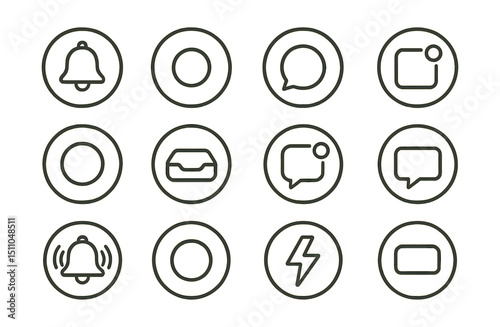 Line style icons of round basic notifications: round bell icon, round alert dot, round ping bubble, round new update, round notification circle, round reminder badge, round message alert, round popup