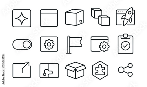 Line style icons of product features and modules: feature icon, module icon, component box, product add-on, feature release, toggle feature, product setting, feature flag, module settings, feature