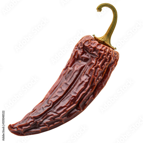 Ultra realistic UHD photo of a whole dried chipotle pepper (smoked jalapeño) in 3/4 view on a clean transparent background with clear contours and no shadows, concept for culinary ingredient
