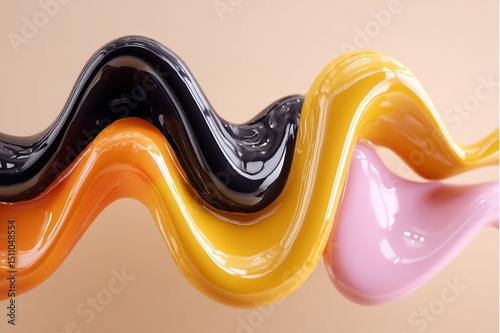 Close up of wavy colorful glossy liquid forms in black orange yellow and pink on a beige background