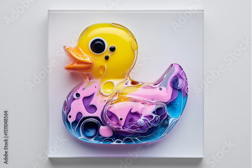 Close up of a colorful rubber ducky art piece on a white background in a square frame art