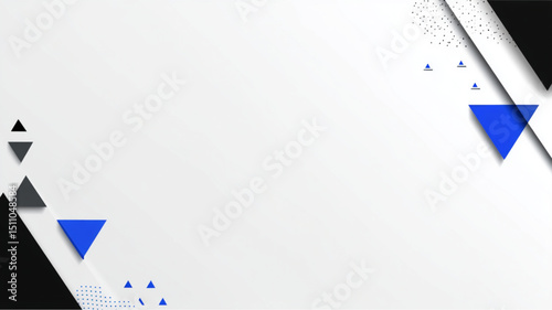 Geometric design with blue and black triangles on a white background with dotted pattern accents near edges