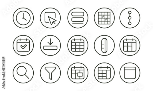 Line style icons of round scheduling interface: round time block, round drag to schedule, round slot selector, round availability grid, round timeline icon, round booking icon, round drop-down time,