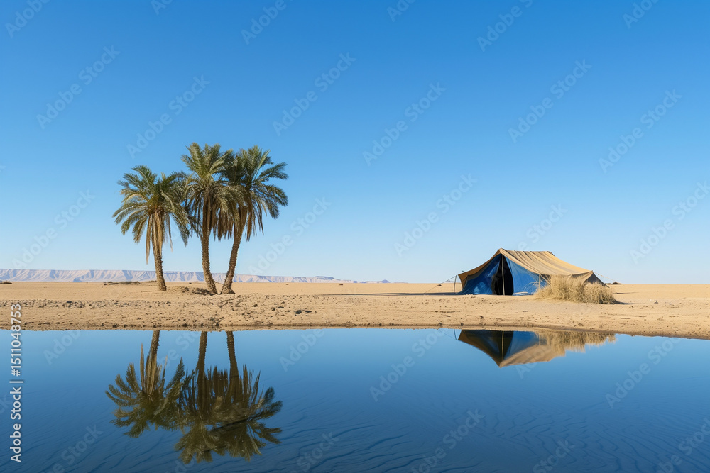Desert oasis with palm trees, a tent, and tranquil water reflecting the blue sky. A calm and isolated scene with clear skies and sand dunes Desert oasis with palm trees, a tent, and tranquil water reflecting the blue sky. A calm and isolated scene with clear skies and sand dunes