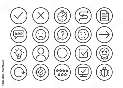 Line style icons of round funnel analytics: round funnel icon, round stage drop, round conversion step, round lead stage, round journey funnel, round user drop-off, round event series, round