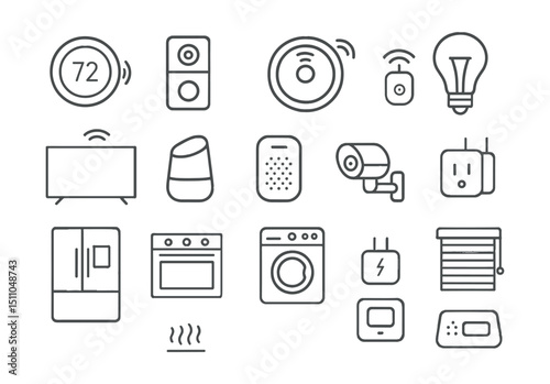 Line style icons of smart home devices: smart thermostat, smart doorbell, robot vacuum, smart light bulb, smart TV, home assistant, smart speaker, security camera, smart fridge, smart oven, connected