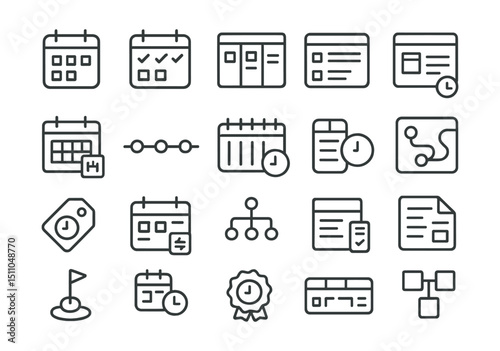Line style icons of marketing planning and scheduling: calendar icon, task calendar, planning board, schedule icon, content planner, project timeline, weekly planner, day view, deadline tag, post