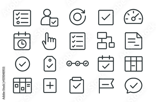 иLine style icons of remote work task management: to-do list, assigned task, recurring task, task completed, progress tracker, task deadline, drag task, checklist icon, project task, subtask tag,
